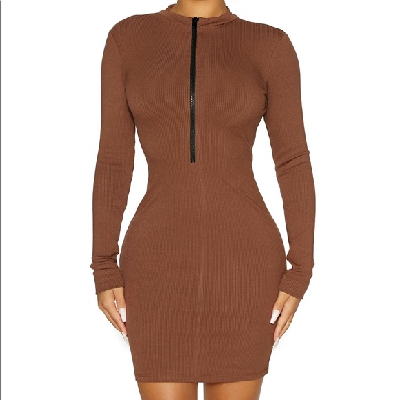 Naked Wardrobe Zip It for Me Snatched Dress in Chocolate - Picture 2 of 4